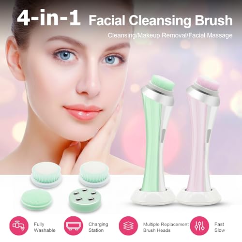 Facial Cleansing Brush, Electric Face Scrubber with 4 Brush Heads, Rechargeable USB Charging Dock, IPX4 Waterproof, 8000 RPM Dual Speed, Deep Cleansing & Exfoliation for All Skin Types (Green) - color: Green