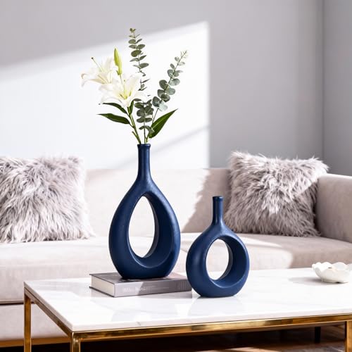 Navy Blue Ceramic Hollow Elliptical Vase Set of 2 - Boho Circle Vase with Hole, for Modern Navy Blue Table Decor, Living Room Decor Shelf mid Century Modern Home Entrance Decorative vase - color: Navy Blue