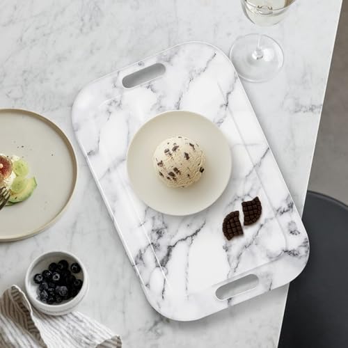 Serving Trays with Handles, 14.5 x 9.8 inch Rectangular Plastic Tray for Restaurant, Kitchen, Gray White Marble - color: Gray White Marble
