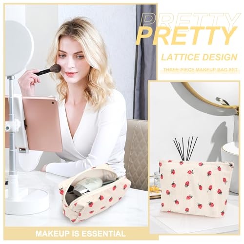 EIMMBD Makeup Bag 3 Pieces Large Capacity Cosmetic Bags Travel Toiletry Bag Organizer Cute Makeup Bag Storage for Women(Beige Strawberry) - color: Beige Strawberry
