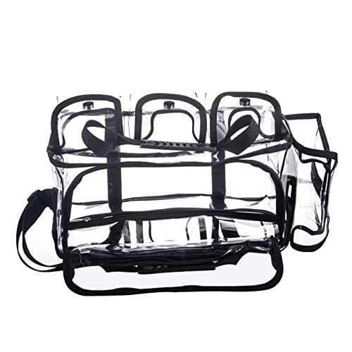 Wide Open Large Professional Clear PVC Travel Makeup Artist Set Bag Cosmetic Nails Beauty Bags Transparent Vinyl Tool Organizer Beach Bags Diaper Bag with 6 External Pockets & Strap (Black) - color: Black