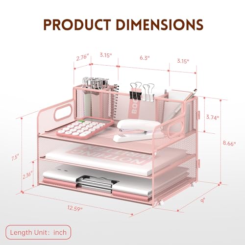 3-Tier Desk Organizer with Pen Holder and Handles, Paper Organizer, Pink - color: Pink