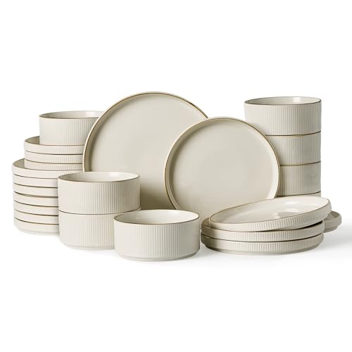 Famiware Star Stoneware Dinnerware Sets for 8, Rimmed Plates and Bowls Set - color: White
