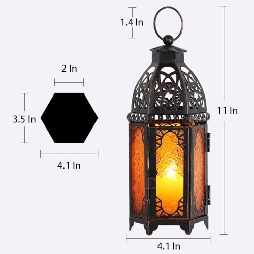 Ramadan Lanterns Decorative Indoor & Outdoor, 11’’ Medium Size Vintage Metal Hanging&Tabletop Candle Holder Decor, Halloween Christmas Moroccan Decorations for Home Porch Patio (Amber) - color: Amber - 11''h, size: Medium