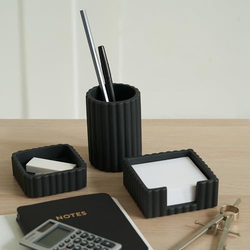 Modern Aesthetic Desk Accessories Set of 3 - Stylish Concrete Organizers - color: Black