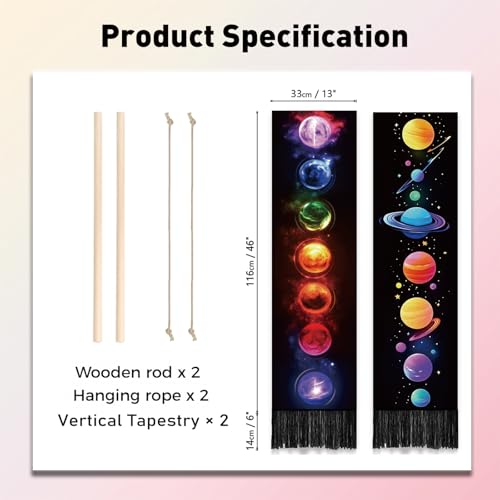 PLIGREAT 2 Pack Planets Tapestry with Tassels, Colorful Stars Art Wall Hanging Vertical Galaxy Solar System Home Wall Tapestry for Bedroom Living Room Long Narrow Decor, 52" x 13" - color: rainbow color