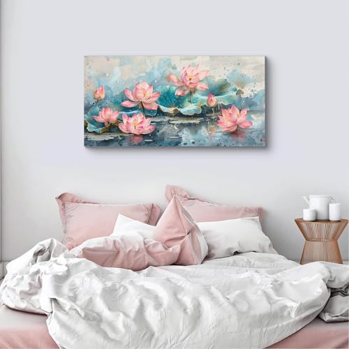 NAN Wind 1Pcs Vintage Pink Lotus Flowers Watercolor Canvas Wall Art Print Serene Pond Scenery Blooming Lotuses Teal Leaves Color Splashes Tranquil Floral Nature Pictures for Home Decor Ready to Hang - color: Pink Lotus-One Piece, size: 24"L x 12"W