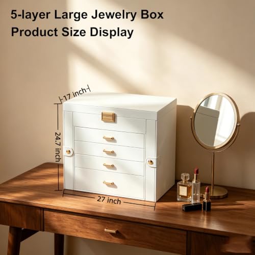 BOOVO Large Jewelry Box for Women, Jewelry Organizer (White Gold 5 Layer) - color: White and Gold, size: 5 Layer