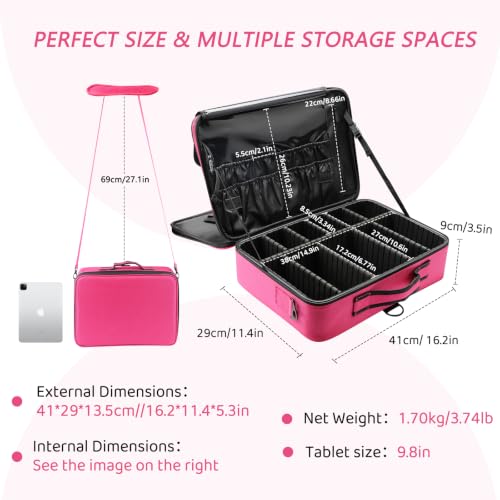 gzcz Large Capacity 16.5 inches Professional Travel Makeup Train Case Portable Artist Cosmetic Brush Organizer Storage Bag With Adjustable Dividers And Shoulder Strap for Toiletry Jewelry （Rose Red） - color: Rose Red, size: Large