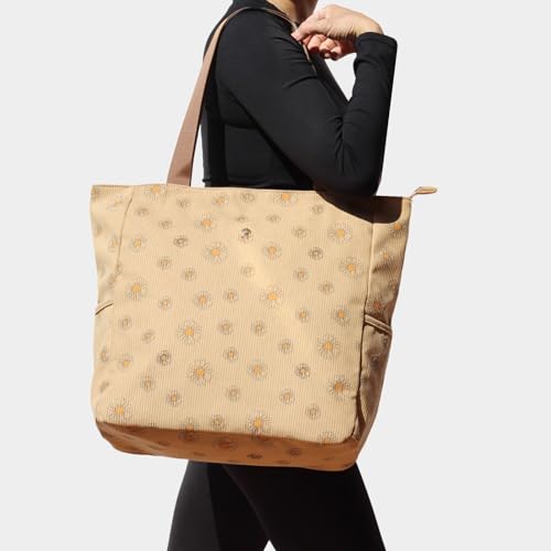 ESVAN Original Floral Water Resistant Large Tote Bag Shoulder Bag for Gym Beach Travel Daily Bags Upgraded - color: Corduroy Brown Daisy