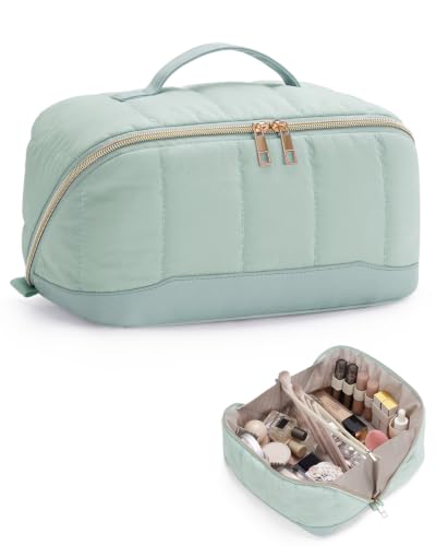 Makeup Bag for Women, Open Flat Puffy Organizer with Wipe-Clean PVC Lining - color: Green