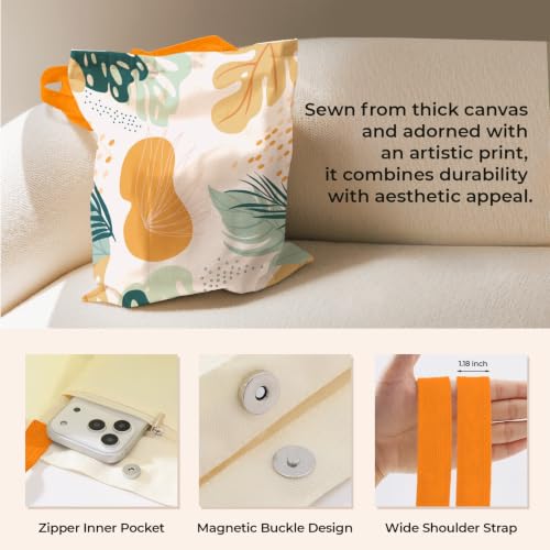 Cute Canvas Tote Bag for Women, Book Totebag with Zipper Pocket - color: Boho Leaves