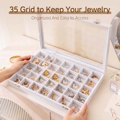 Frebeauty 35 Grid Earring Organizer,Velvet Jewelry Tray with Clear Lid - color: White, size: 35 Grid