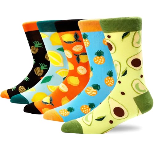 Colorful Funny Novelty Dress Socks for Men Women Teens Fathers Day Casual Fun Crazy Funky Graphic Crew Socks - color: 5 Pairs - Fruit Style -- Avocado & Lemon & Pineapple Pattern Socks, size: 6-12