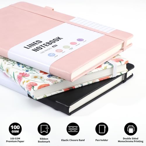 Thboxes 160 Pages A5 Lined Journal Notebook, Hardcover Writing Pad, Pink - color: Pink