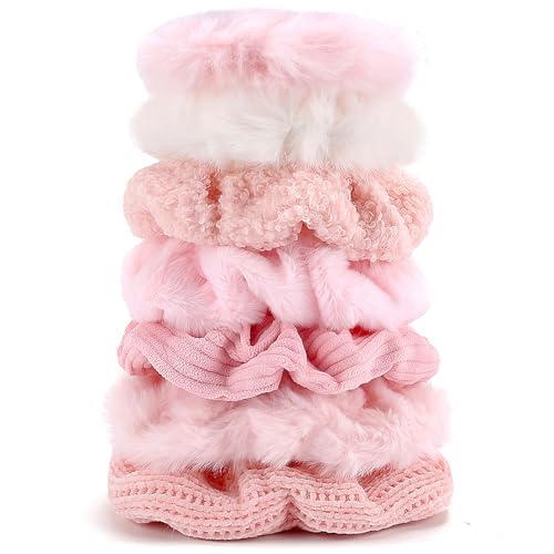 Scrunchies for Women's Hair 7Pcs Large Pink Knit Fuzzy Scrunchies for Long Thick Curly Hair Ultra Textured Soft Hair Bands Neutral Scrunchie Cute Ponytail Holders No Damage Elastic Hair Ties - color: C-Pink2, 7Pcs