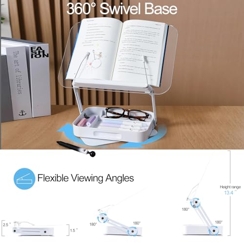 ZOEY Acrylic Book Stand for Reading Adjustable Book Holder with 360 Rotating Base and Storage Foldable Desktop Riser Stand for Cookbook Laptop Tablet Textbook Music Score with Page Clip 13.4x9.3x2.8in - color: Alloy, size: Large