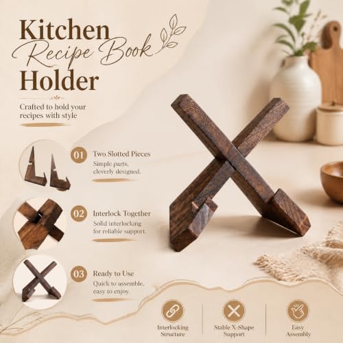 Cookbook Stand for Kitchen Counter, Wooden, Light Brown - color: Light Brown