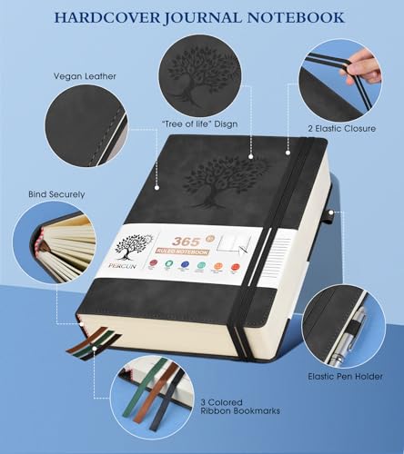 PERCUN B5 Lined Journal Notebook - 365 Page Large Leather Journals for Writing Women Men，Hardcover Notebook with 100Gsm Thick Pages，Daily Diary for Travel, Work，School，College Ruled (7.6" x 10.3") - color: Black, size: B5