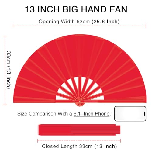 13" Large Folding Rave Fan with Holster, Clack Hand Fans Foldable for Line Dancing, Boots On The Ground Fan for Women Men Festival EDM Party Decoration, Red 2 Pack - color: Red