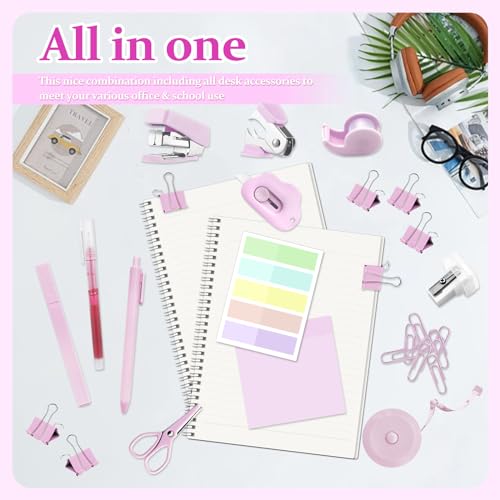 Mini School Supplies Kit, Pink Stapler with Staples and Tape Dispenser Set, Mini Stationary Set Includes Sticky Notes Index Tabs Highlighters Gel Pens for Office & Back to School Supplies - color: Pink