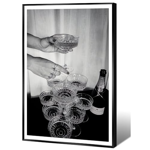 Vintage Champagne Glasses Posters Black and White Wall Art Trendy Wine Decor Funky Bar Cart Canvas Prints Unique Aesthetic for Pub Kitchen Dining Living Room Home Decor 24x36in Metal Black Frame - color: Black Frame 3, size: 36"L x 24"W