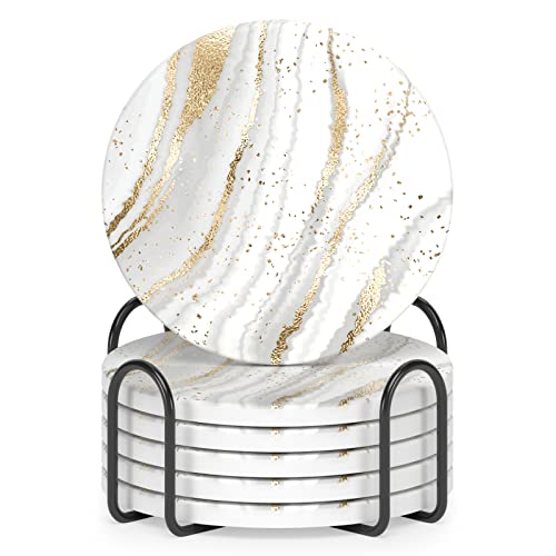 Coasters for Drinks, Set of 6 Cute Absorbent Ceramic Drink Coasters - color: Luxury White Gold Marble 03