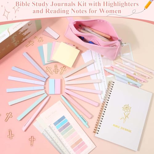Flasoo 106 Pack Bible Study Supplies Journaling Kit for Women, Church Journal Note Taking Annotation Kit, Tabs and Highlighters Set with Pencil Case and More Bible Accessories Christian Gift - color: pink