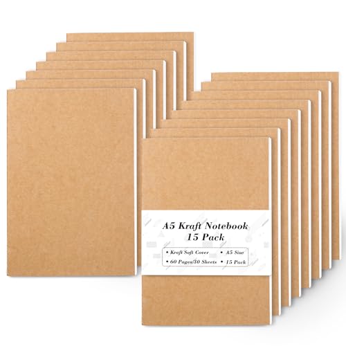 feela 15 Pack A5 Kraft Notebooks, 60 Lined Blank Pages Travel Journal Bulk, Soft Cover Notebooks for Women Girls Students, Making Plans Writing Memos Office School Supplies, 8.3 X 5.5 in - style: Lined-15 Pack