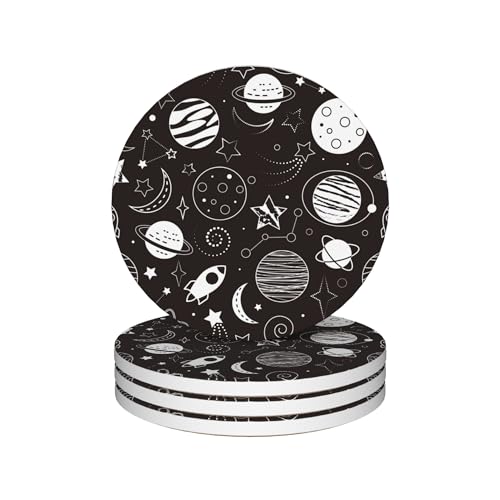 Drinks Coasters Set of 4, Cute Planets Rockets Round 4" Cup Coasters, Absorbent Ceramic Stone Coasters with Cork Base, Cute Coasters for Table Home Décor, Ideal Gifts for Women Men - color: Cute Planets Rockets