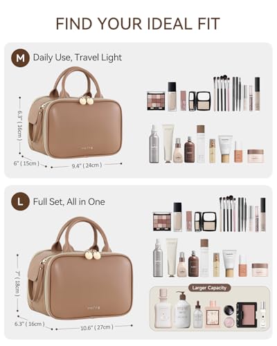 Prite Large Makeup Bag, Waterproof Travel Cosmetic Case with Brush Holder - color: Brown, size: Large