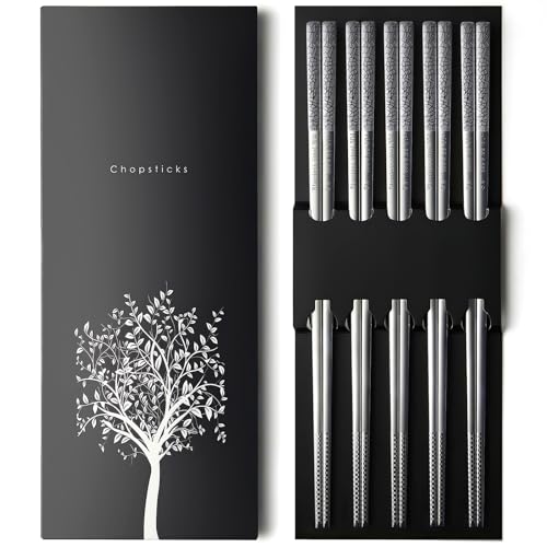 IQCWOOD 5 Pairs 18/10 Stainless Steel Chopsticks, 9.25 Inches - color: Grid Pattern