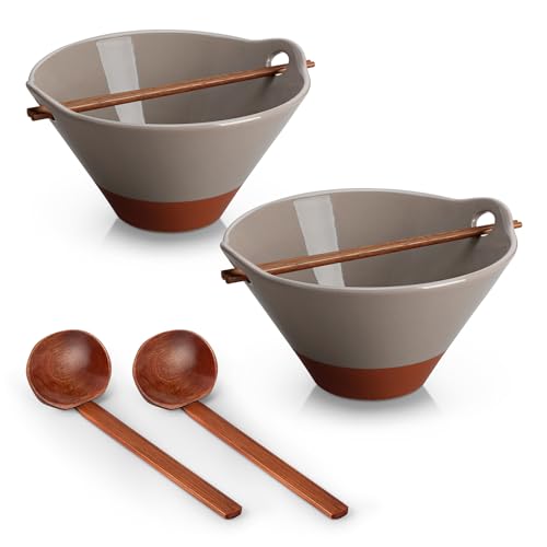 MALACASA 42 oz Ceramic Ramen Bowls with Chopsticks & Spoon, Brown & Khaki - color: Brown and Khaki