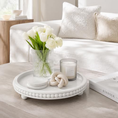 Decorative Coffee Table Tray, Round Wooden Tray for Decor - color: White