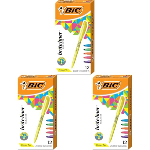 BIC Brite Liner Highlighters, Chisel Tip, 12-Count Pack of Highlighters Assorted Colors, Ideal Highlighter Set for Organizing and Coloring (Pack of 3) - color: Assorted, size: 12 Count (Pack of 3)