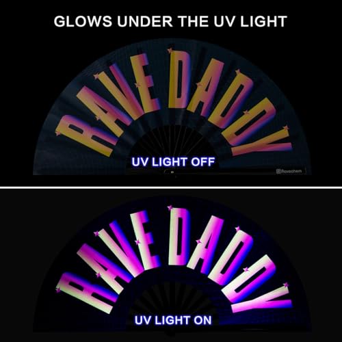 UV Glow Rave Fan, Bamboo Folding Clack Hand Fans Foldable for Men Women, Poping Fan for EDM Festival Line Dance Decoration, (Rave Daddy, Large 13") - color: Rave Daddy, size: Large 13"