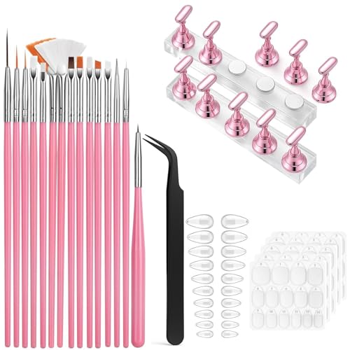 15PCS Nail Art Brush Set with 10 Nail Holders, 72PCS Nail Tips & 192PCS Adhesive Tabs, Pink Professional Nail Design Kit with Tweezers for Acrylic Gel Nail Art DIY Salon