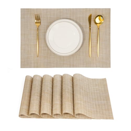 Placemats Set of 6，Non-Slip PVC Weave Table Mats Easy to Clean，Heat Resistant Place Mats for Kitchen Dining Table Decoration Indoor Outdoor，Beige - color: Beige