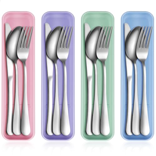 Yinkin 4 Pack Travel Silverware Set with Case for Lunch,Pastel - color: Pastel