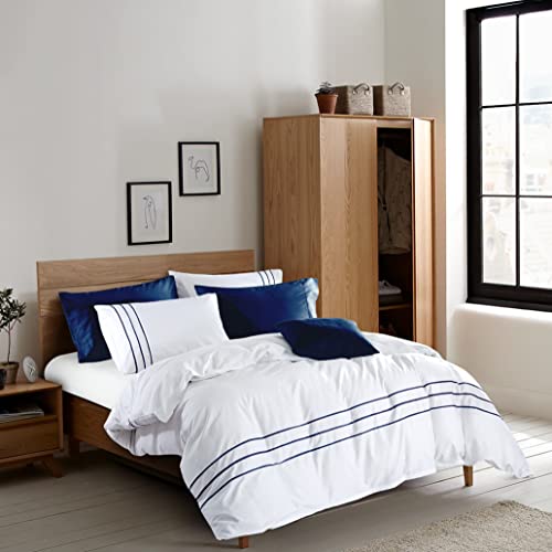 Duvet Cover Set 3 pcs(1 Duvet Cover+2 Pillowcases) 100% Cotton Sateen Woven Hidden Zipper Closure(White Navy,Queen) - color: White Navy, size: Queen