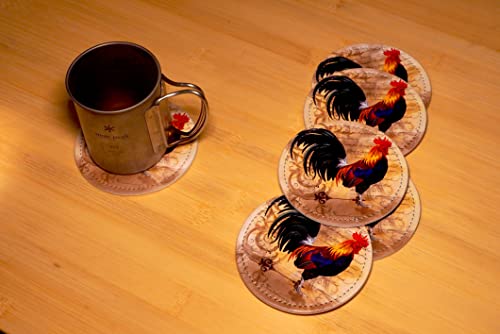 Vintage Rooster Coasters for Drinks with Holder Leather Coasters Set of 6 Table Decor Protect Furniture from Water Marks Scratch and Damage - color: Black3