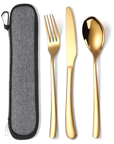 MURRI&MURRDI Stainless Steel Cutlery Set for 1, Reusable Flatware Set with Case, Cutlery Set for Work Stainless Steel Knife Fork Spoon Set 3 Piece (B- 3 Gold) - color: B- 3 Gold