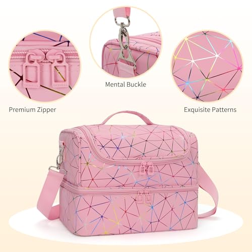 CUBETASTIC Nail Polish Organizer Bag, Double Layer Nail Tech Travel Case Holds 45 Bottles & Full-Size Lamp, Portable Manicure Storage Box for Nail Supplies, Tools & Dip Powder - Pink - color: Triangle Pink, size: 45 Slots