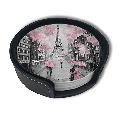France Eiffel Tower Coasters For Drinks With Holder Leather Coasters Set Of 6 Table Decor Protect Furniture From Water Marks Scratch And Damage - color: Black1