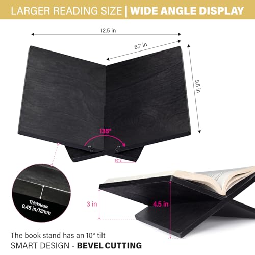 Solid Wood Book Stand for Reading and Display, Foldable Book Holder for Cookbooks, Art Books, Bibles, Magazines – Open Book Stand for Kitchen, The Front Stopper Helps Prevent Books from Sliding.