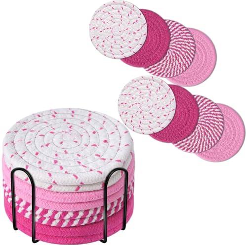 Drink Coasters 8 Pack with Holder, 4-Color Cotton Woven Absorbent Coasters Set, Minimalist 4.3in Cup Mat for Home Decor, Dining Table, Living Room, Tabletop-Protection for Coffee Beverage-Pink - color: Pink