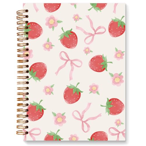 JXREQ Cute Pink Bow Strawberry Notebook, Preppy Journaling Notebooks for Note Taking Writing, Strawberries Floral Journal for Women, Girly Office Supplies, Cute Fruit Spiral Notebooks 5.5x8.3 - color: Fruit 4
