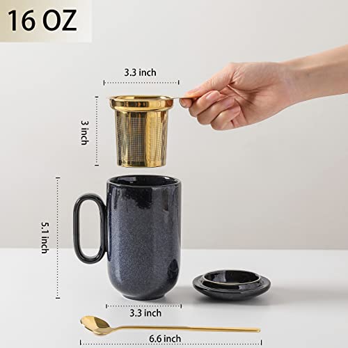 Ceramic Tea Cup Mug Infuser - VICRAYS Large 16 oz Hot Loose Steeping Handle Teacup with Leaf Infuser Spoon Lid - Blue Tall Glazed Strainer Coffee Mug Microwave Safe - Blue - color: Blue