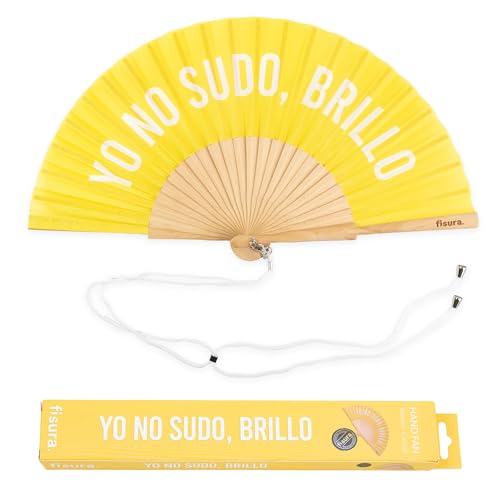 Fisura – Original Folding Fan with Message “Yo no sudo, Brillo”. Wooden Handheld Fan for Women. Lightweight Party Accessory for Weddings, Raves, Birthdays, Festivals and Unique Gifts. - color: Brillo, Yellow