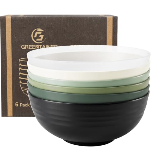 Greentainer Unbreakable Large Salad Bowls, 76 oz Plastic Serving Bowl Set of 6, Lightweight Bowls for Soup, Cereal, Fruit, Popcorn, Dishwasher & Microwave Safe - color: Green